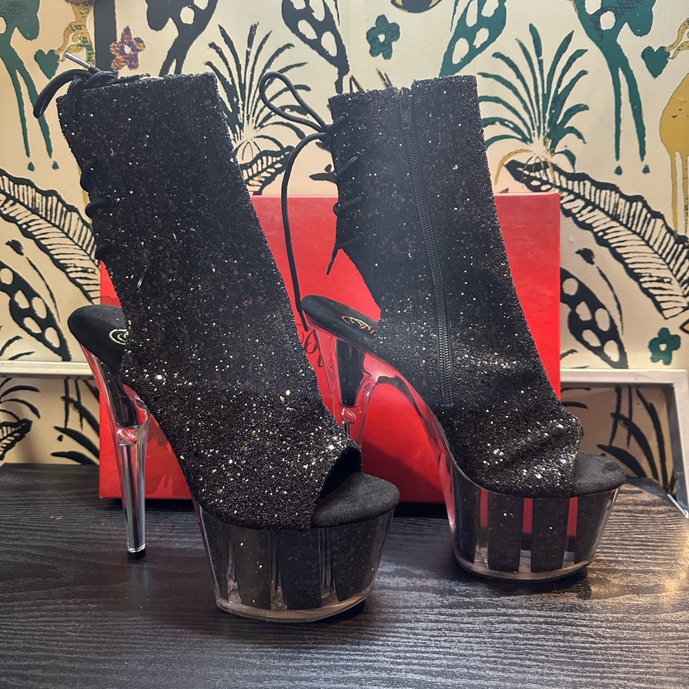 Pleaser Adore-1018g Black Glitter Peep Toe Platform Heels